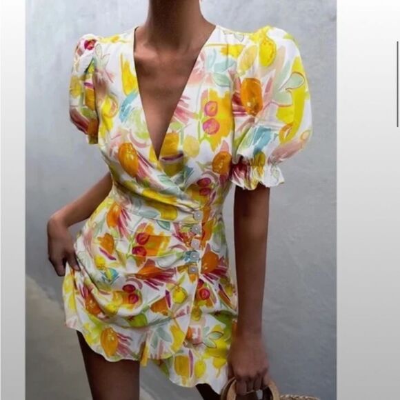 NWT RUNAWAY Zola Citrus Print Mini Dress Puff Sleeve Lemon Print Size XL - Picture 2 of 8